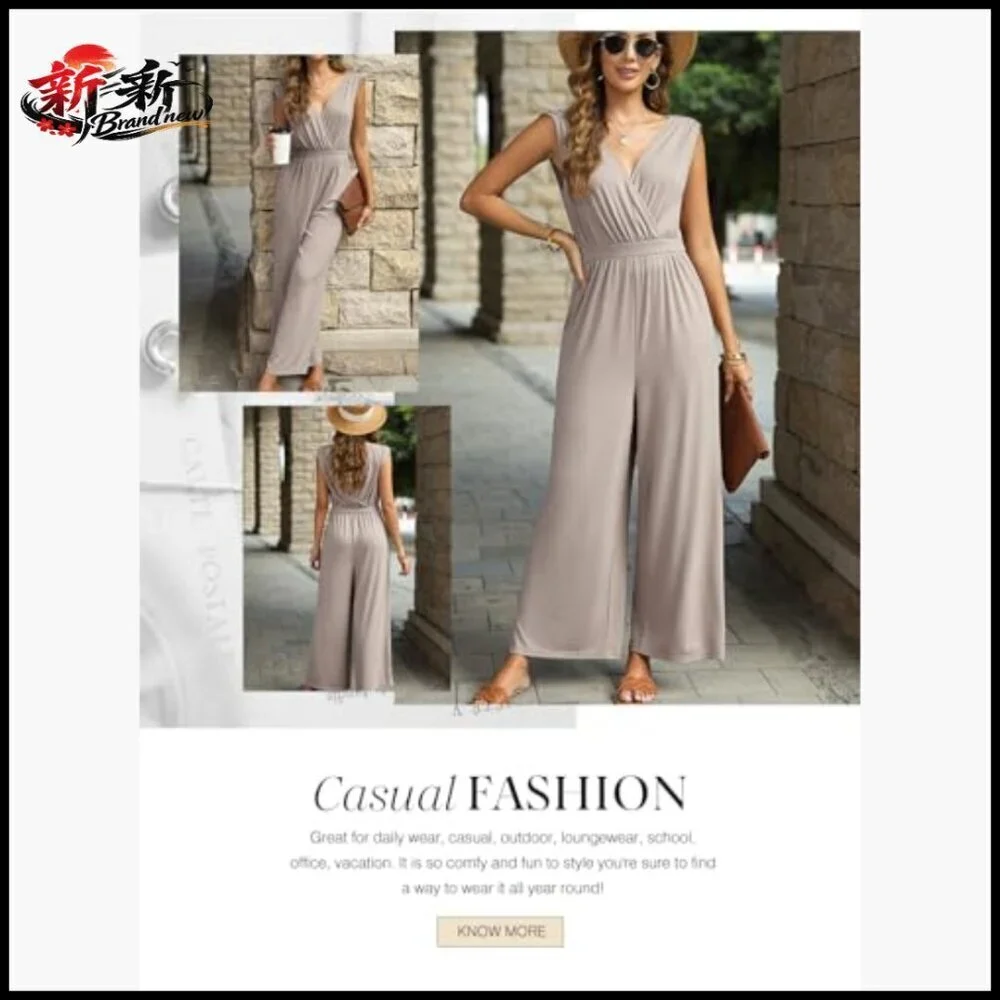 Sleeveless Jumpsuit Wrapped V Neck Wide Leg Pants Side Pockets
